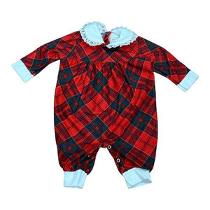 Holiday Plaid Romper Girls Medium Red Lace Collar Flame Resistant Christmas VTG